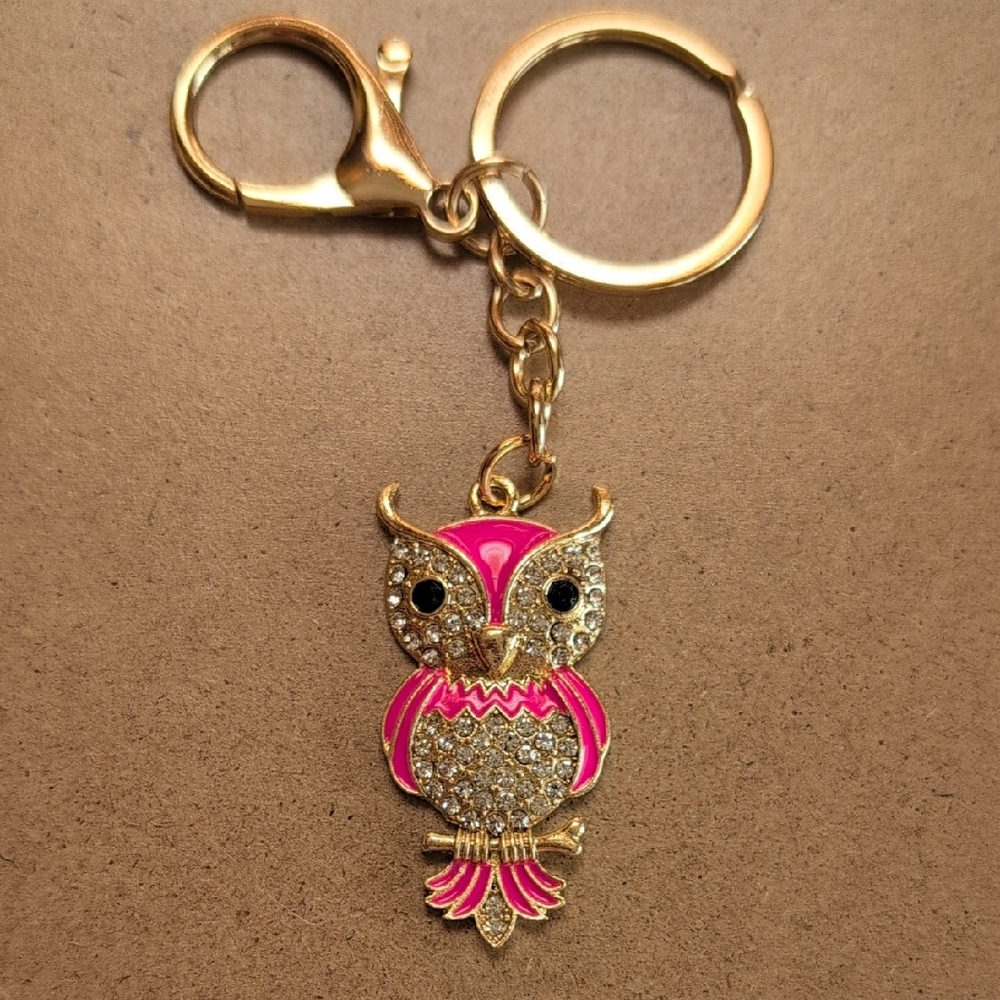 Pink Enamel & Crystal Owl Keychain Bag Charm